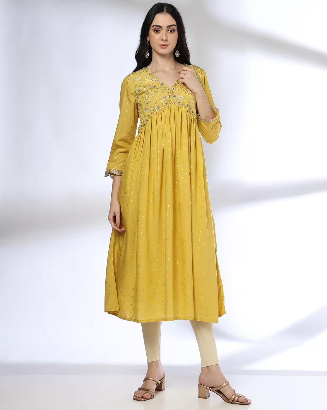 SLANTED EMPIRE SEAM EMBROIDER, YELLOW, S