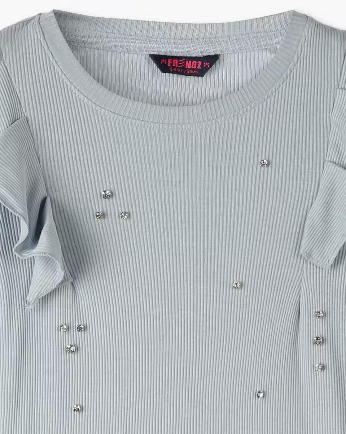 Girls Ribbed Slim Fit Round-Neck Cotton T-Shirt