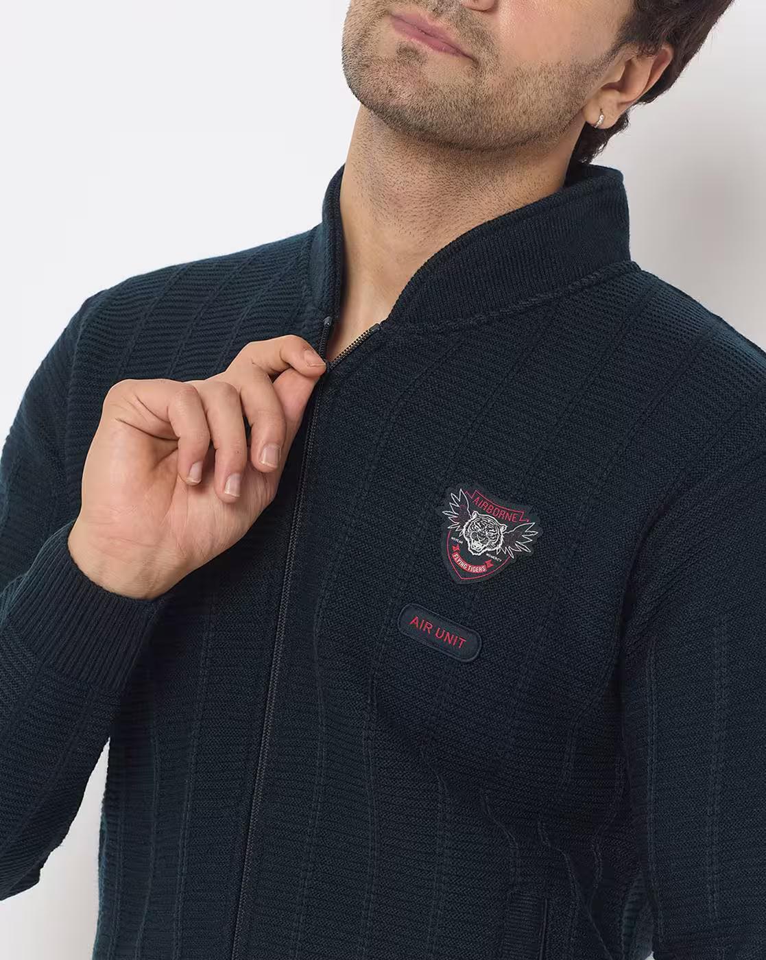 Men Striped Regular Fit Zip-Front Sweater