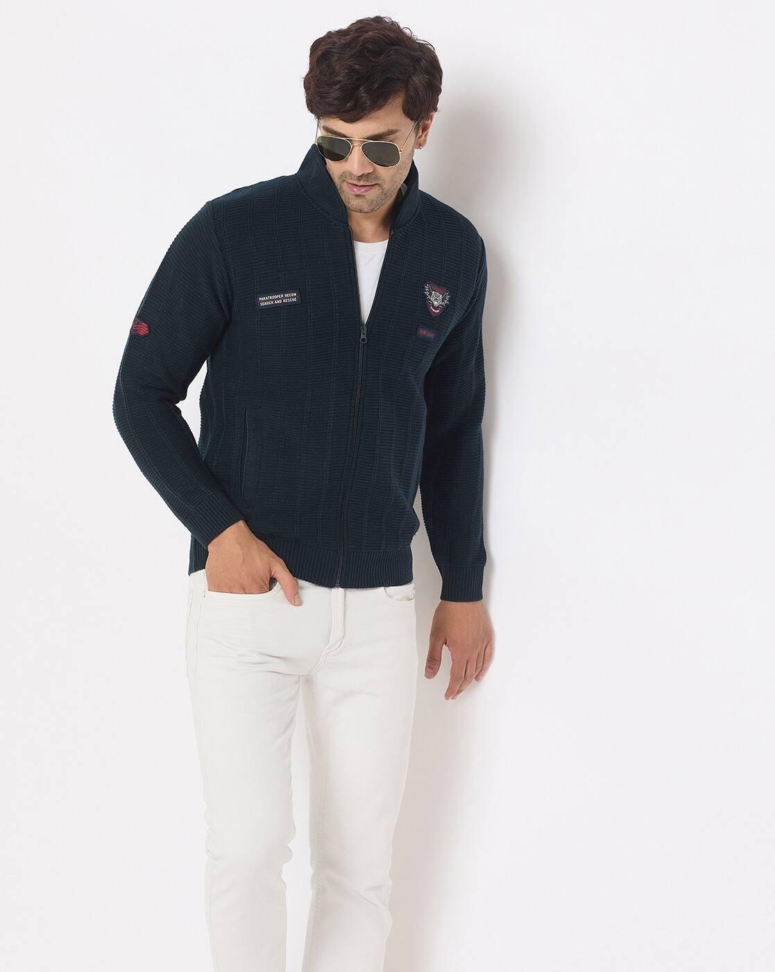 Men Striped Regular Fit Zip-Front Sweater