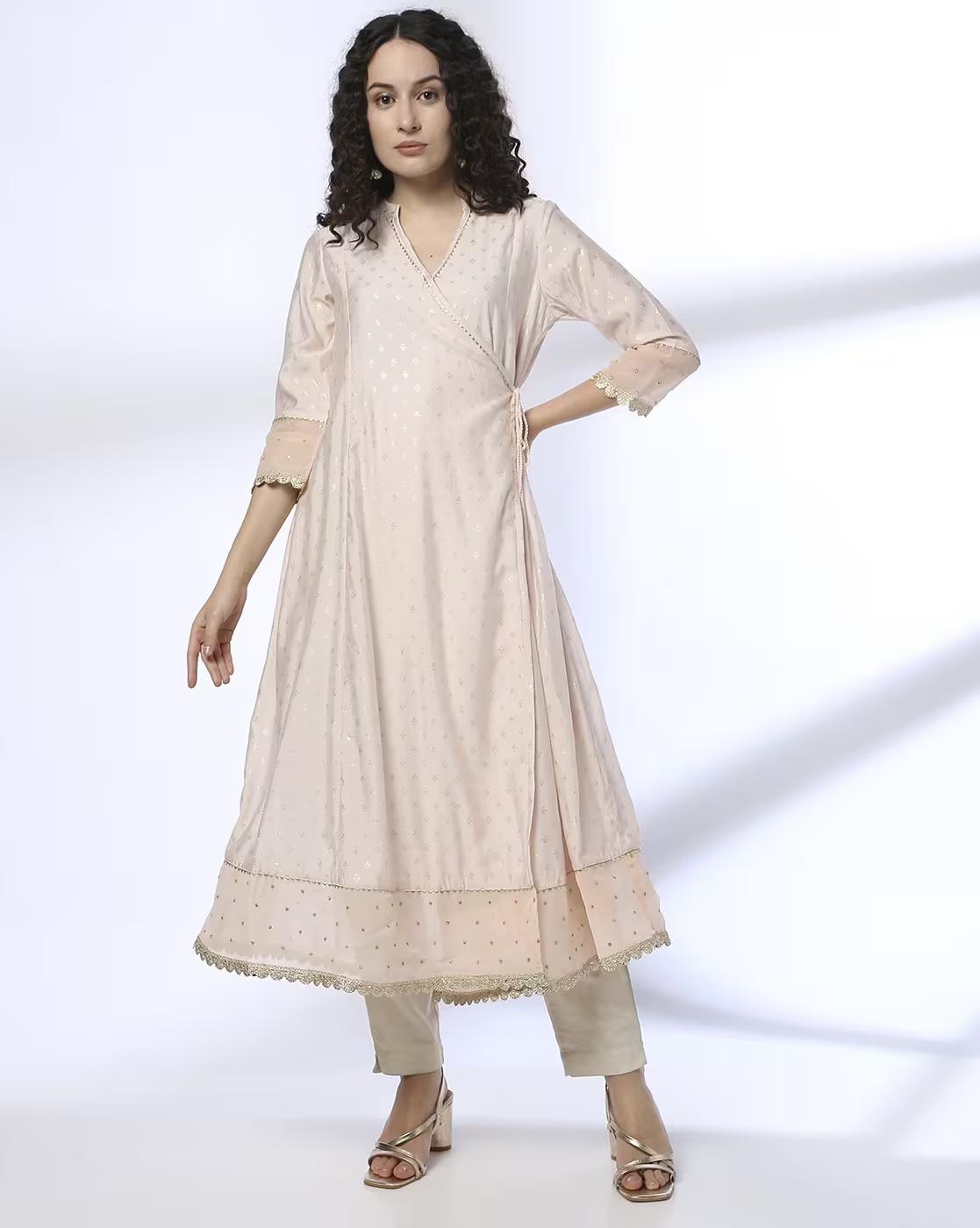 FESTIVE PRINTED KURTA WITH FRON, PINK, S