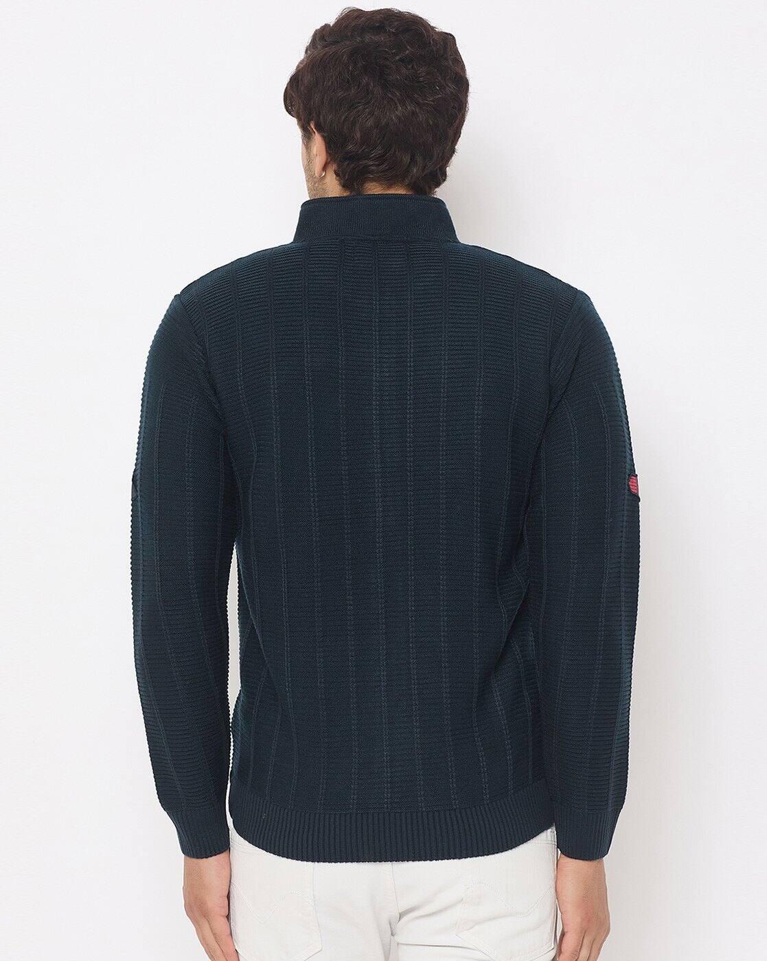 Men Striped Regular Fit Zip-Front Sweater