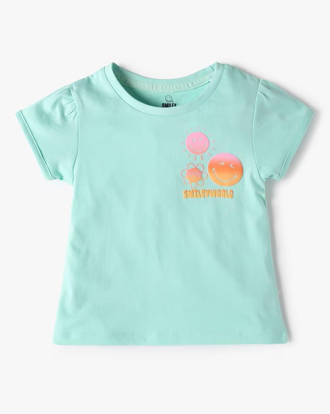 Girls Embossed Regular Fit Round-Neck T-Shirt