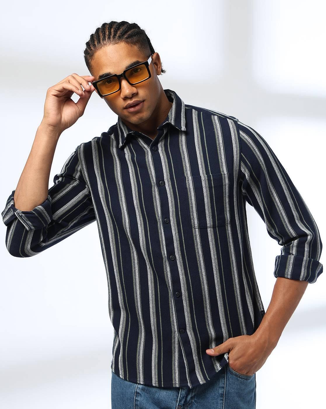 Men Striped Regular Fit Shirt with Patch Pocket