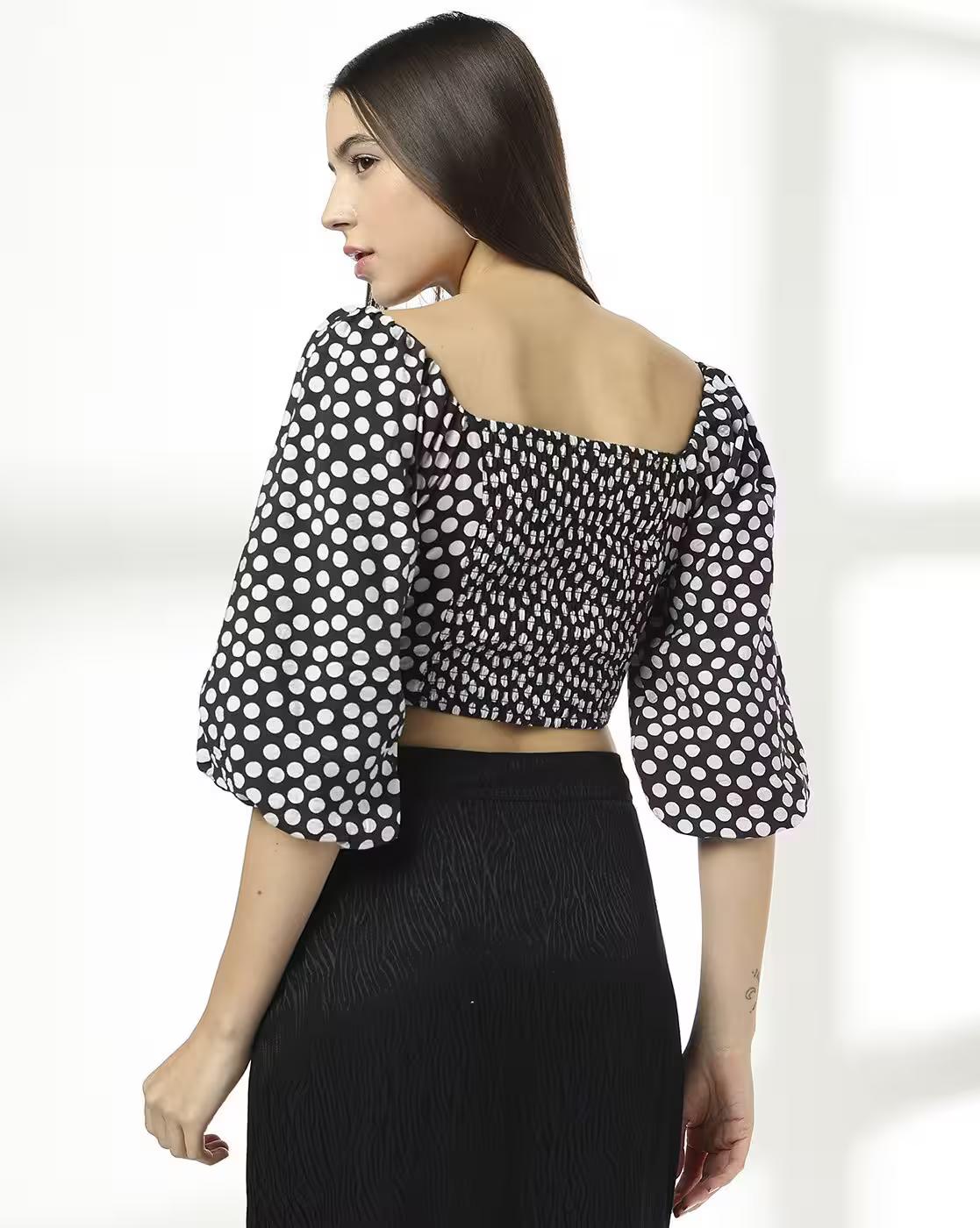Women Polka-Dot Print Regular Fit Crop Top with Neck Tie-Up