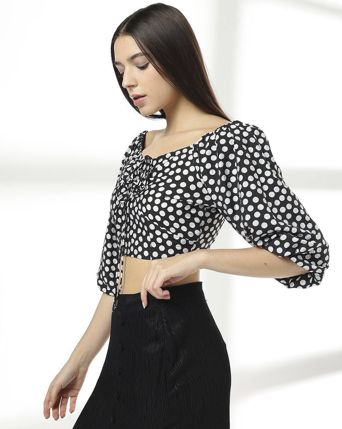 Women Polka-Dot Print Regular Fit Crop Top with Neck Tie-Up