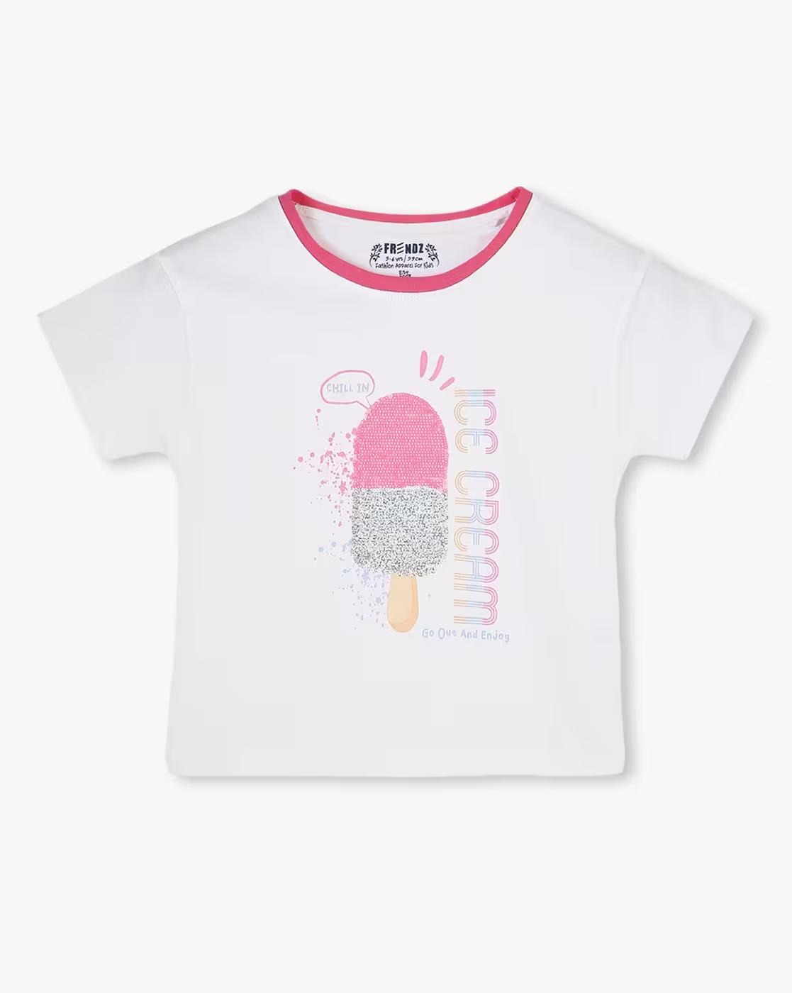 Girls Graphic Print Loose Fit Crew-Neck T-Shirt