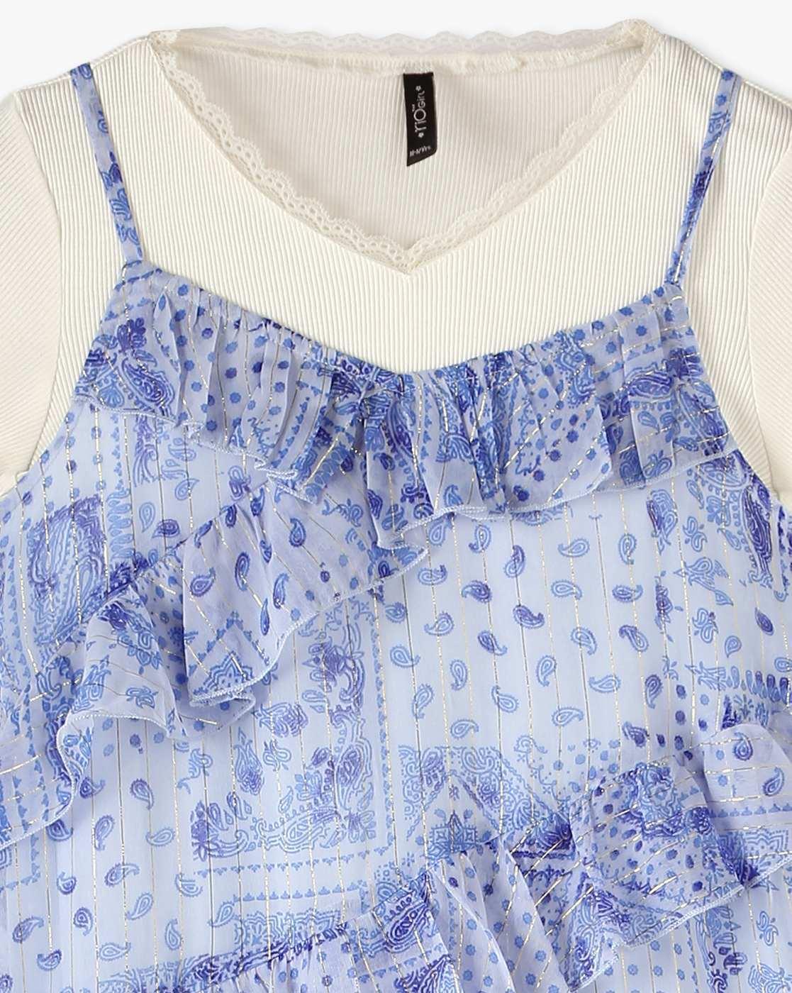 Girls Printed Ruffled Tiered Dress with T-Shirt