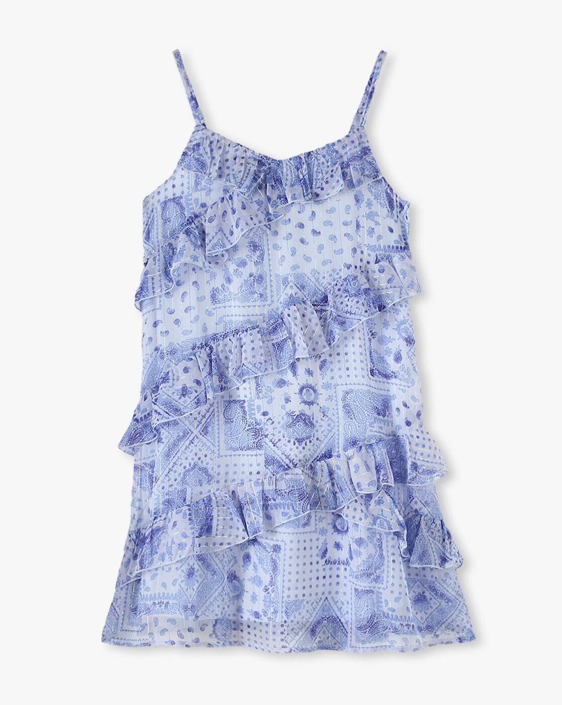 Girls Printed Ruffled Tiered Dress with T-Shirt