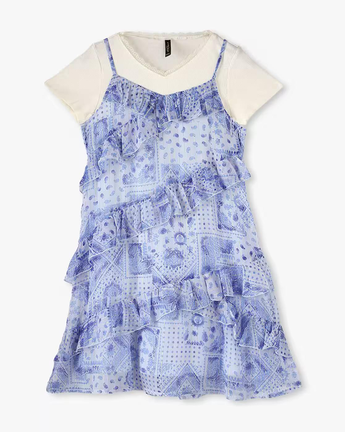 Girls Printed Ruffled Tiered Dress with T-Shirt