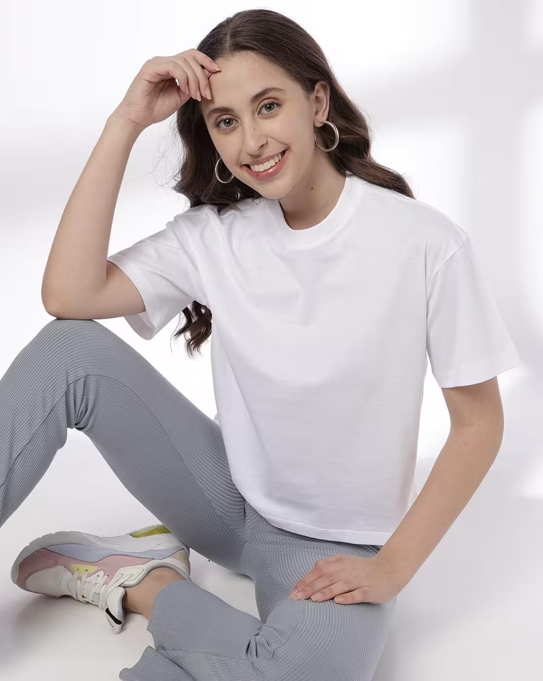 Women Boxy Fit Cotton Round-Neck T-Shirt