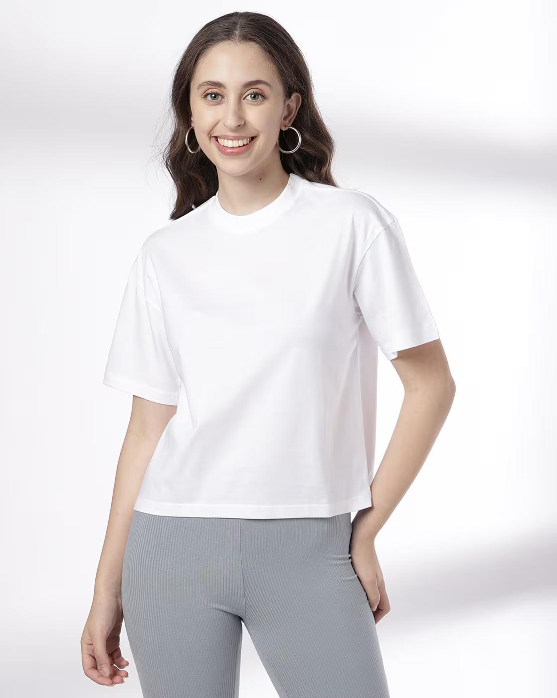 Women Boxy Fit Cotton Round-Neck T-Shirt