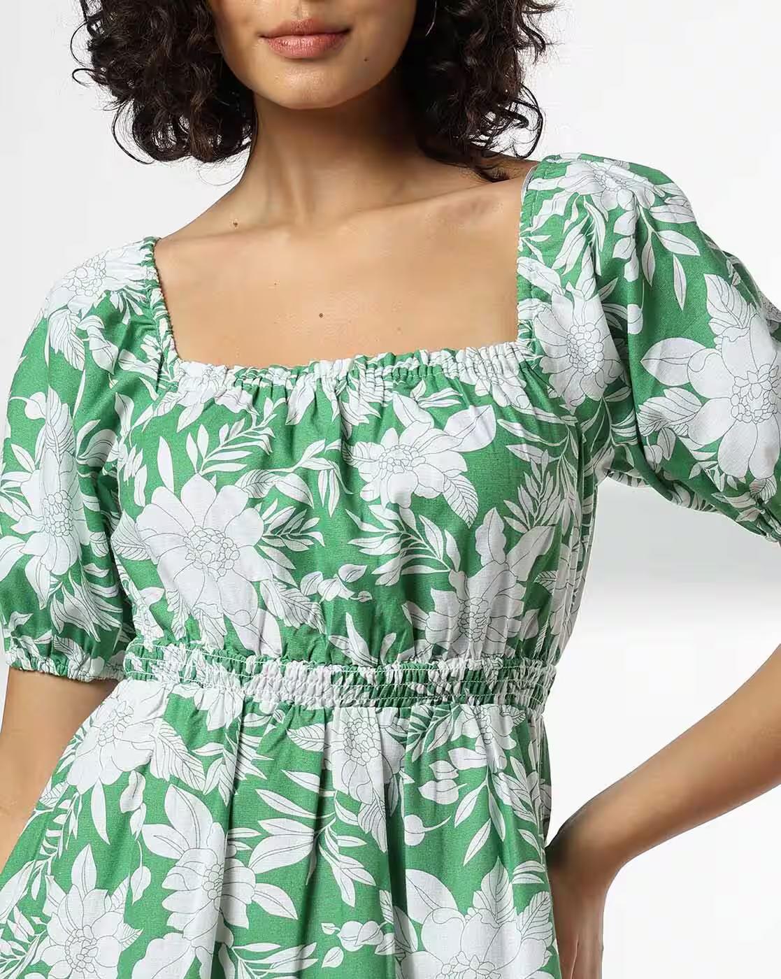 Square neck elasticated Detail, GREEN, S