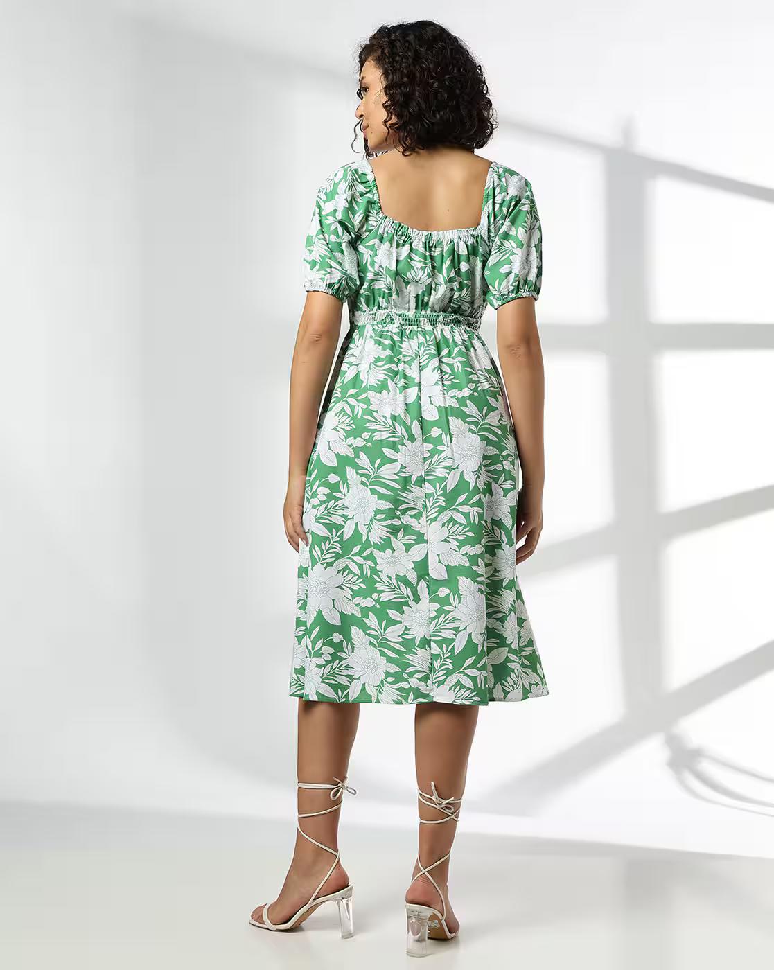 Square neck elasticated Detail, GREEN, S