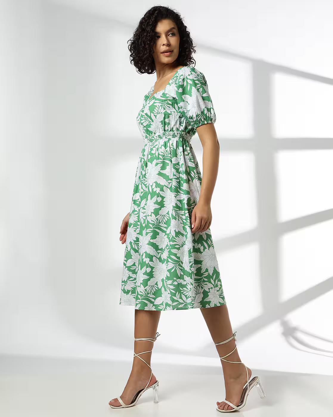Square neck elasticated Detail, GREEN, S