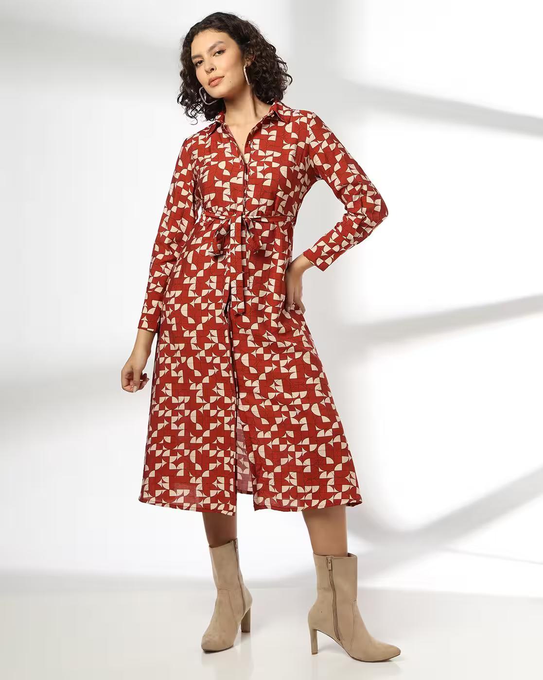 Women Geometric Print Shirt Dress