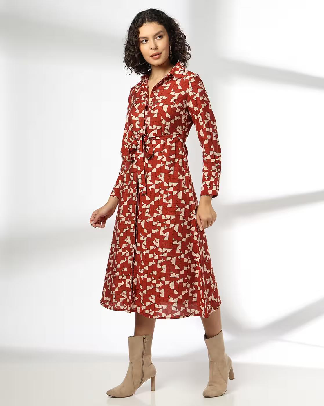 Women Geometric Print Shirt Dress