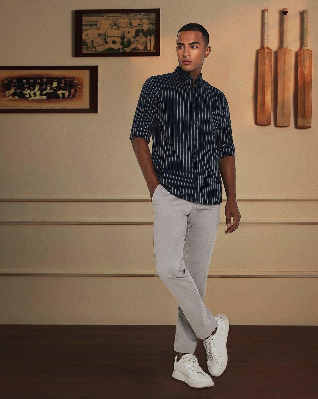 Men Striped Slim Fit Shirt with Button-Down Collar