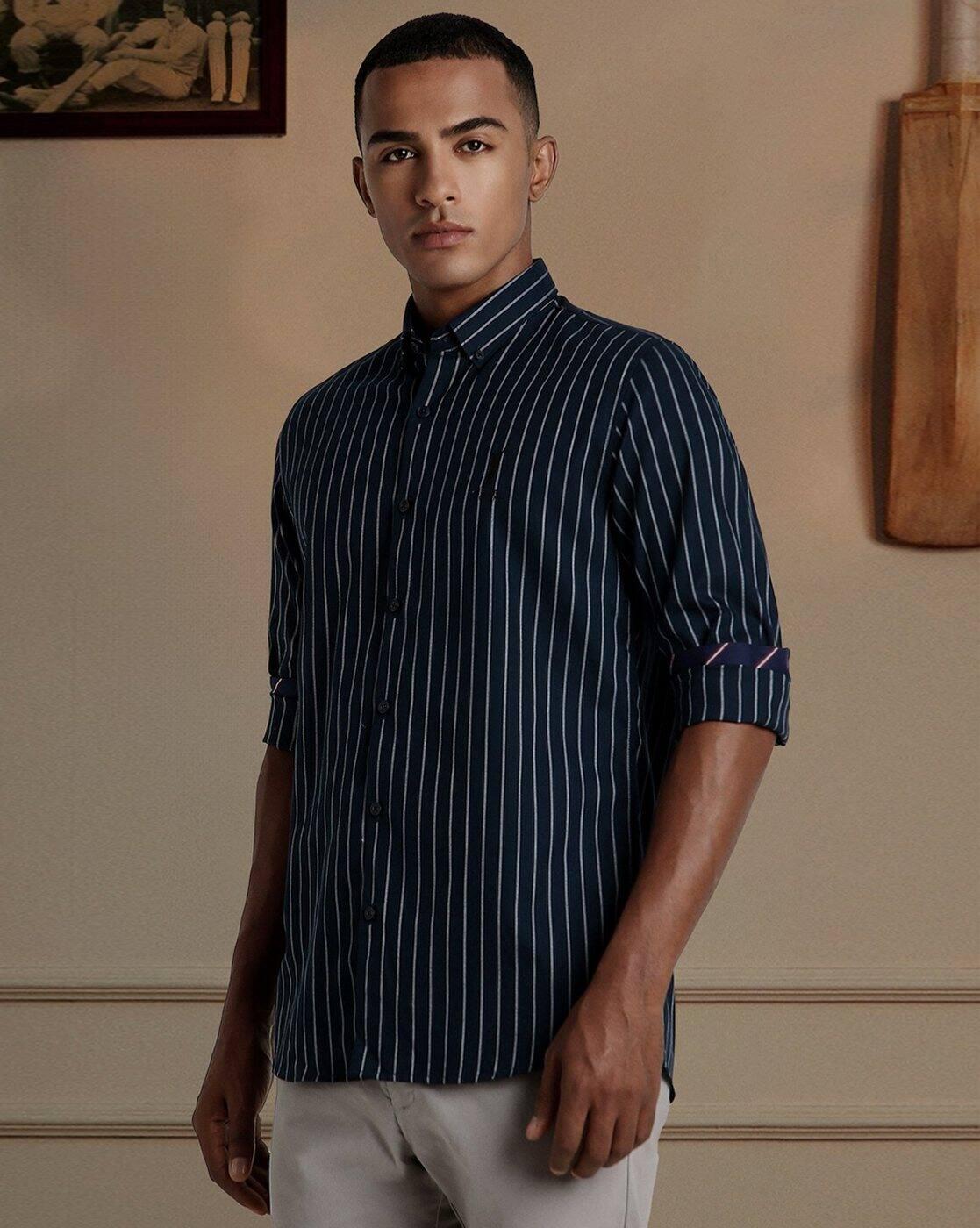 Men Striped Slim Fit Shirt with Button-Down Collar