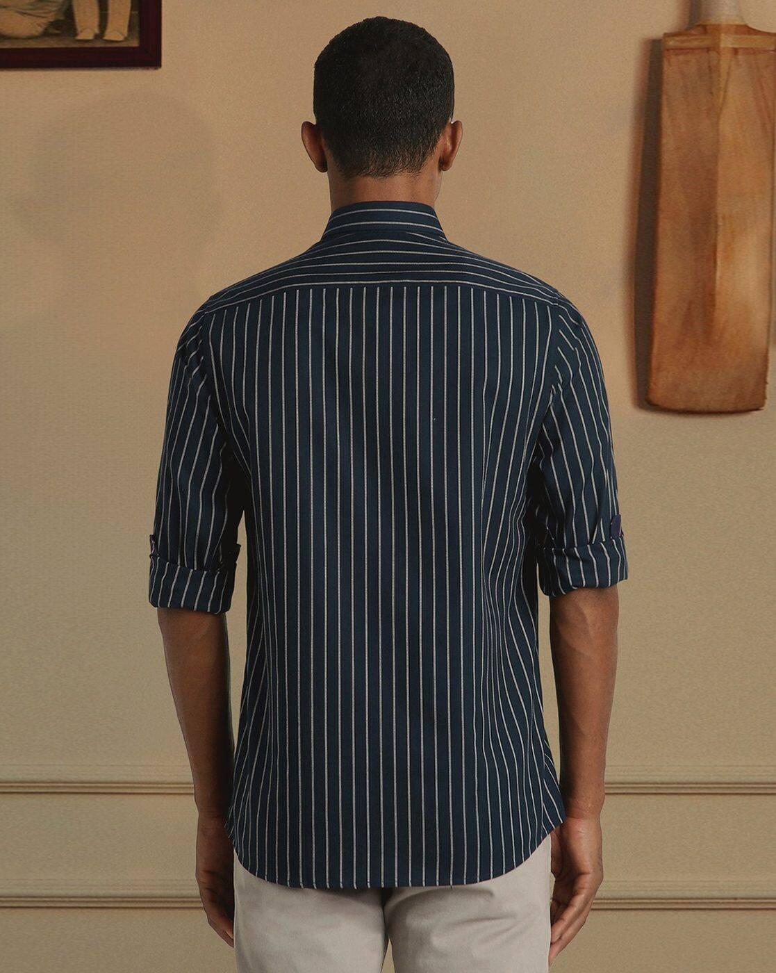 Men Striped Slim Fit Shirt with Button-Down Collar