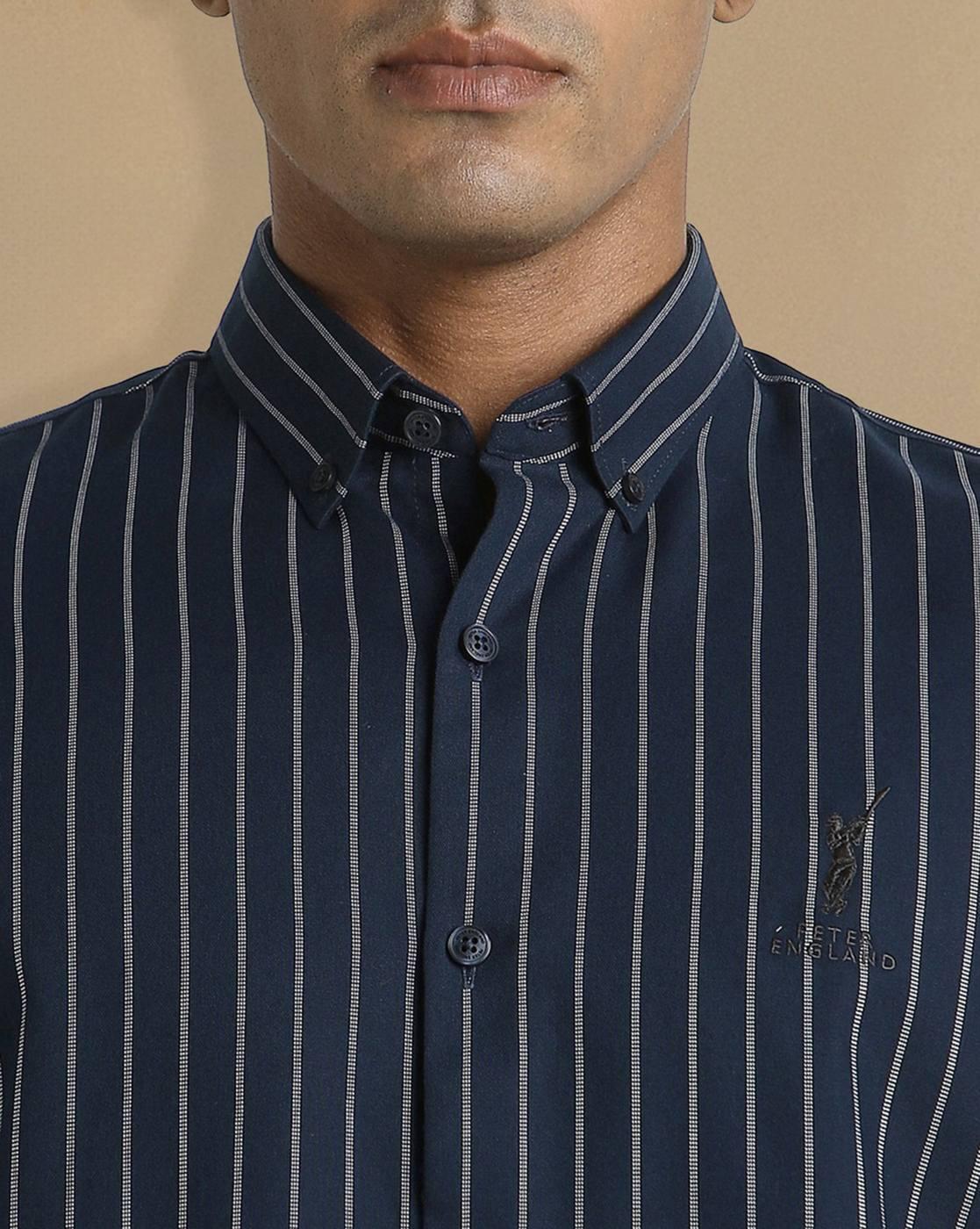 Men Striped Slim Fit Shirt with Button-Down Collar