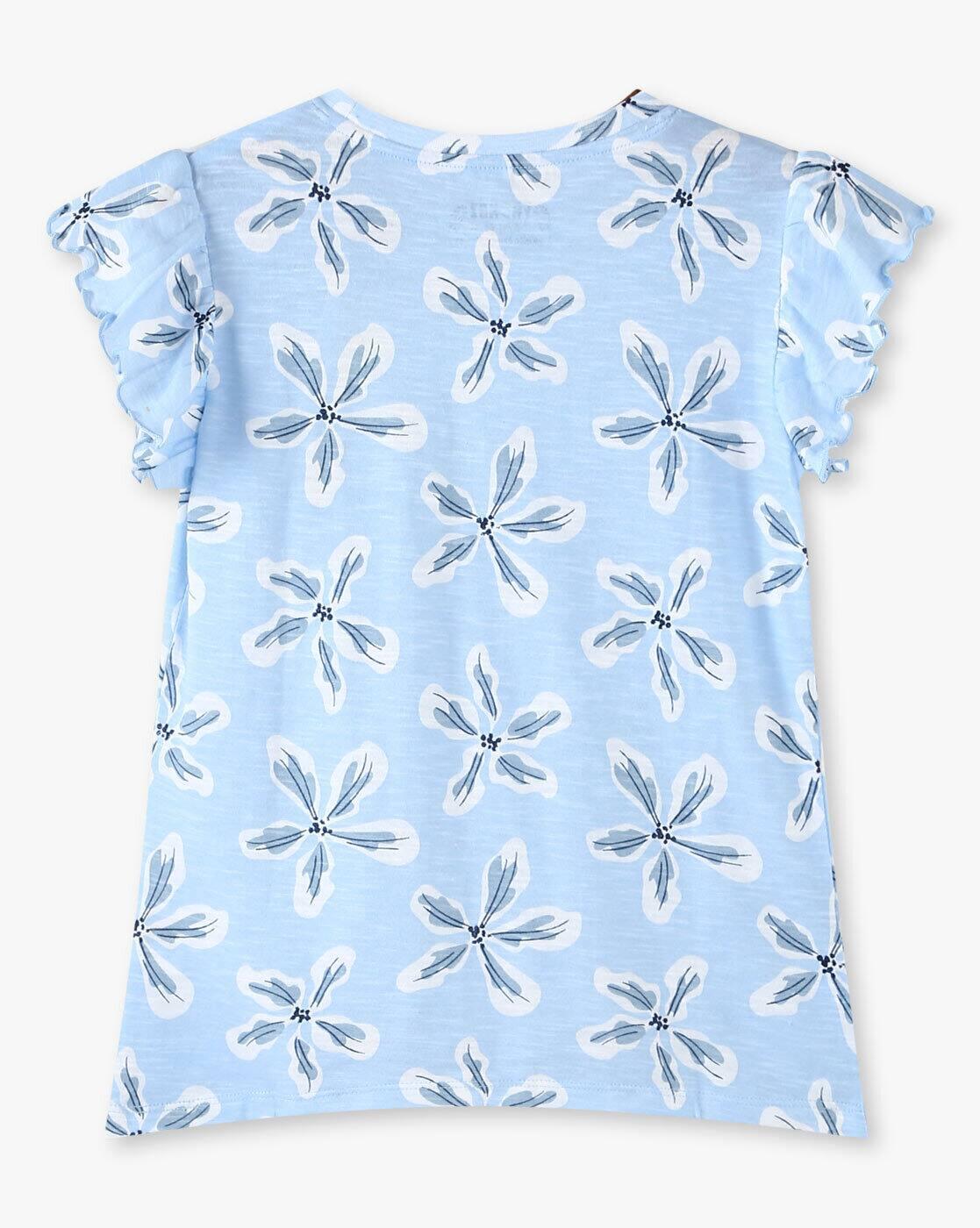 FLOWER AOP FLUTTER SLEEVE TS, BLUE, 2-3Y