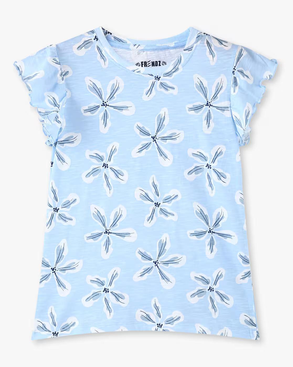 FLOWER AOP FLUTTER SLEEVE TS, BLUE, 2-3Y