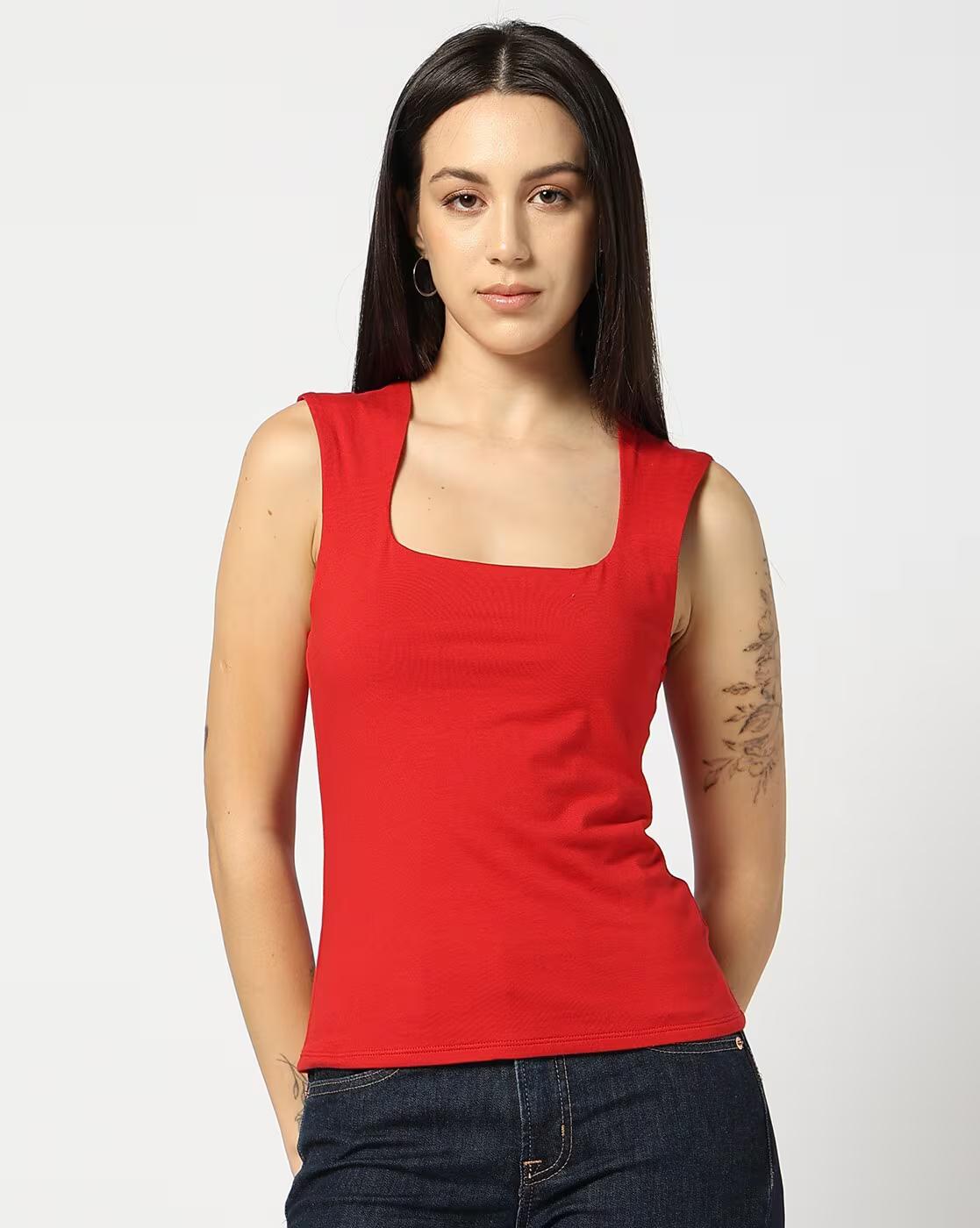Solid Slim Fit Square-Neck Sleeveless Tank Top