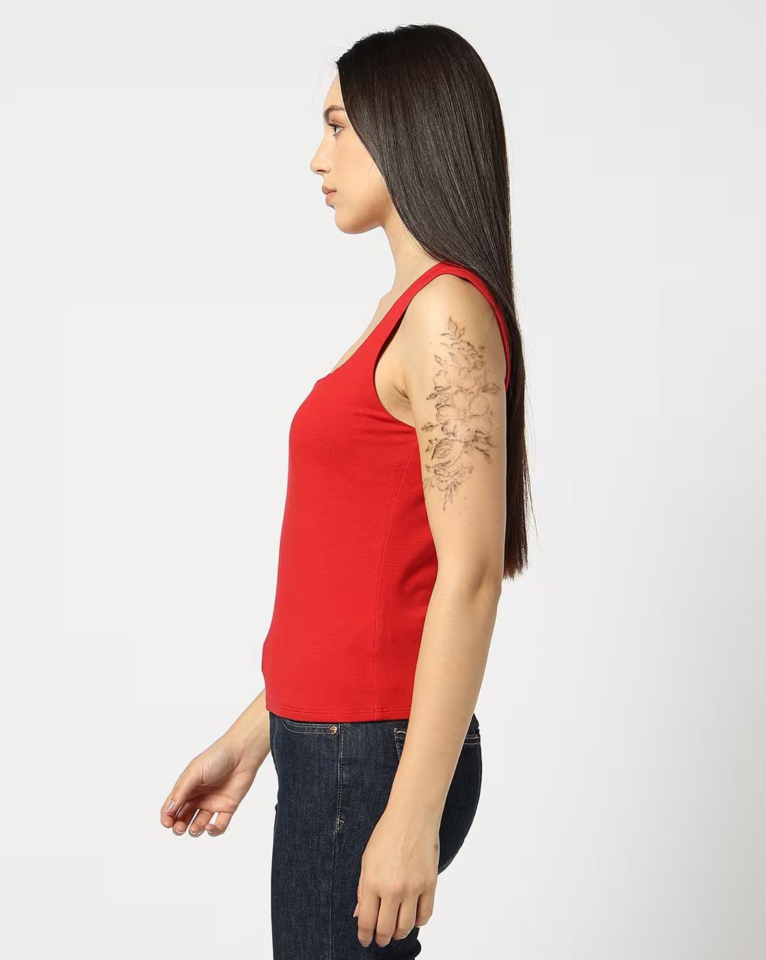 Solid Slim Fit Square-Neck Sleeveless Tank Top