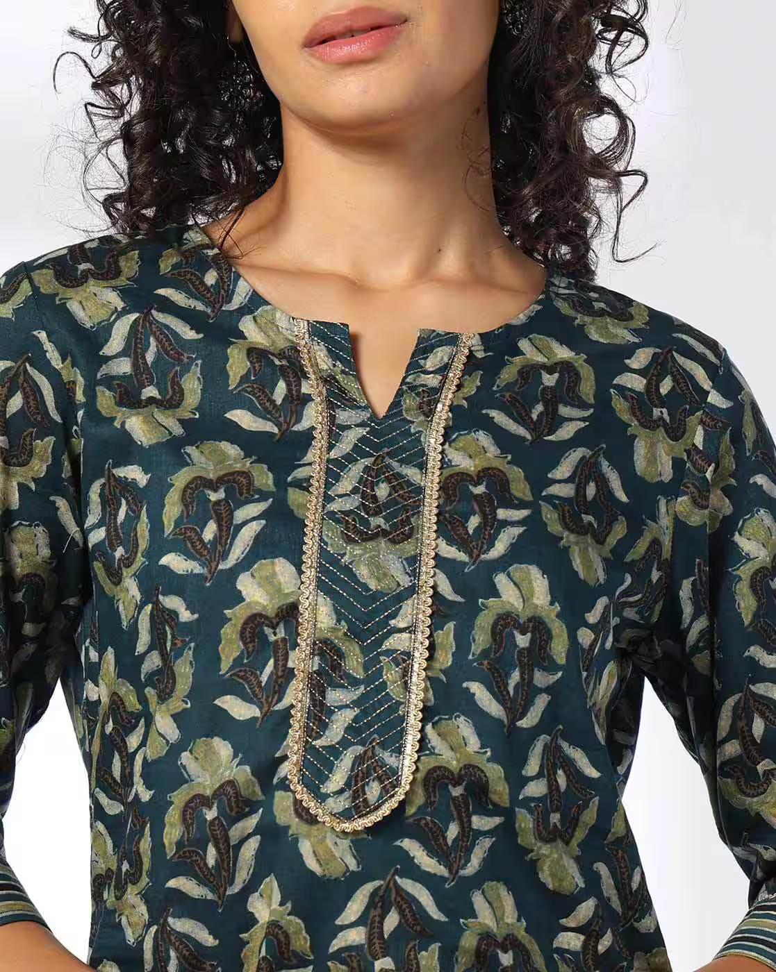 ajrak floral and zig zag prt s, GREEN, M