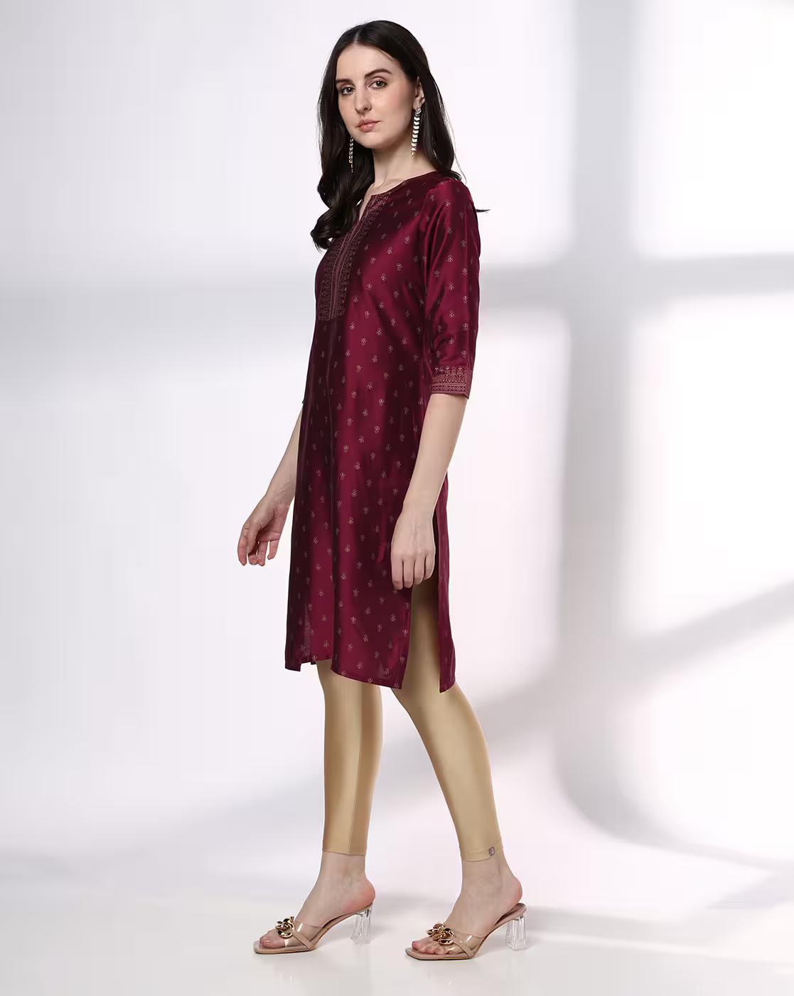 WEAVE PLACKET BORDER AOP KURTA, WINE, M