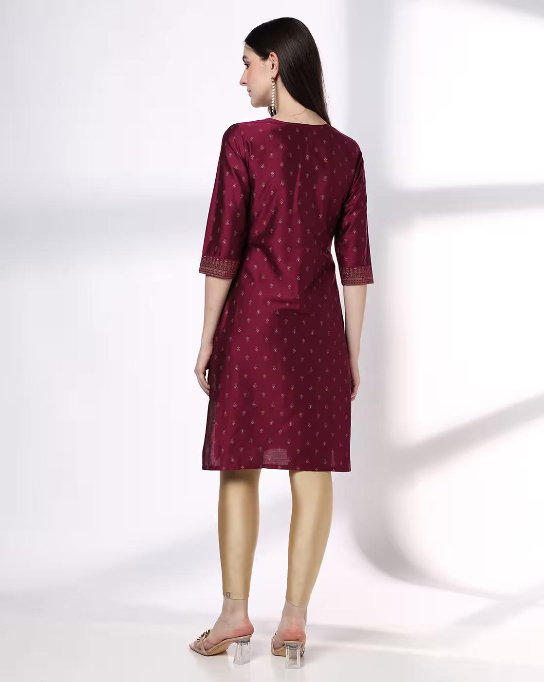 WEAVE PLACKET BORDER AOP KURTA, WINE, M