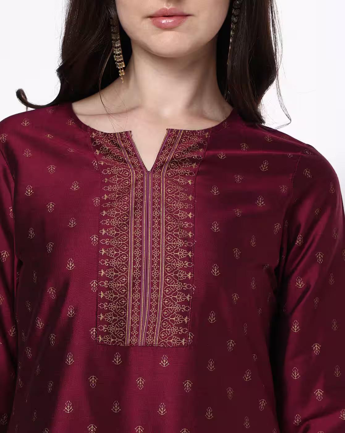 WEAVE PLACKET BORDER AOP KURTA, WINE, M