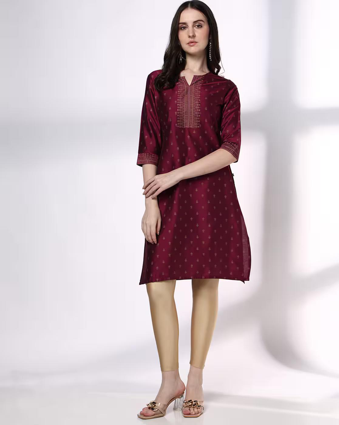 WEAVE PLACKET BORDER AOP KURTA, WINE, M