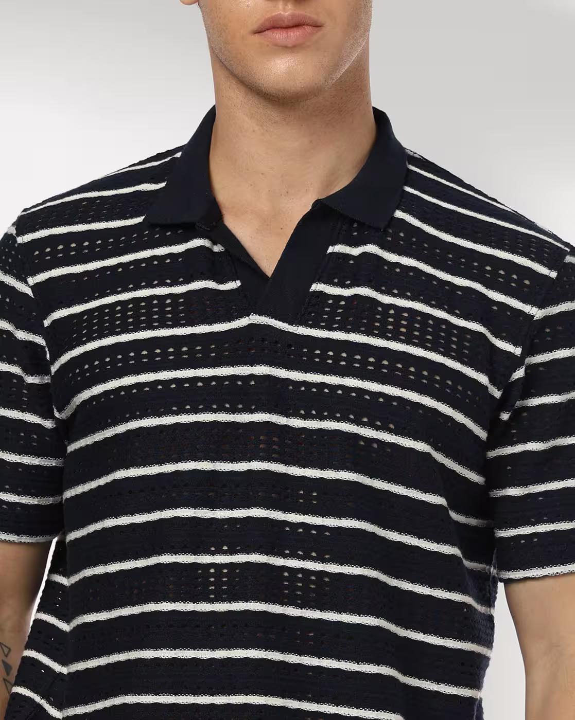 Men Open-Knit Striped Regular Fit Polo T-Shirt