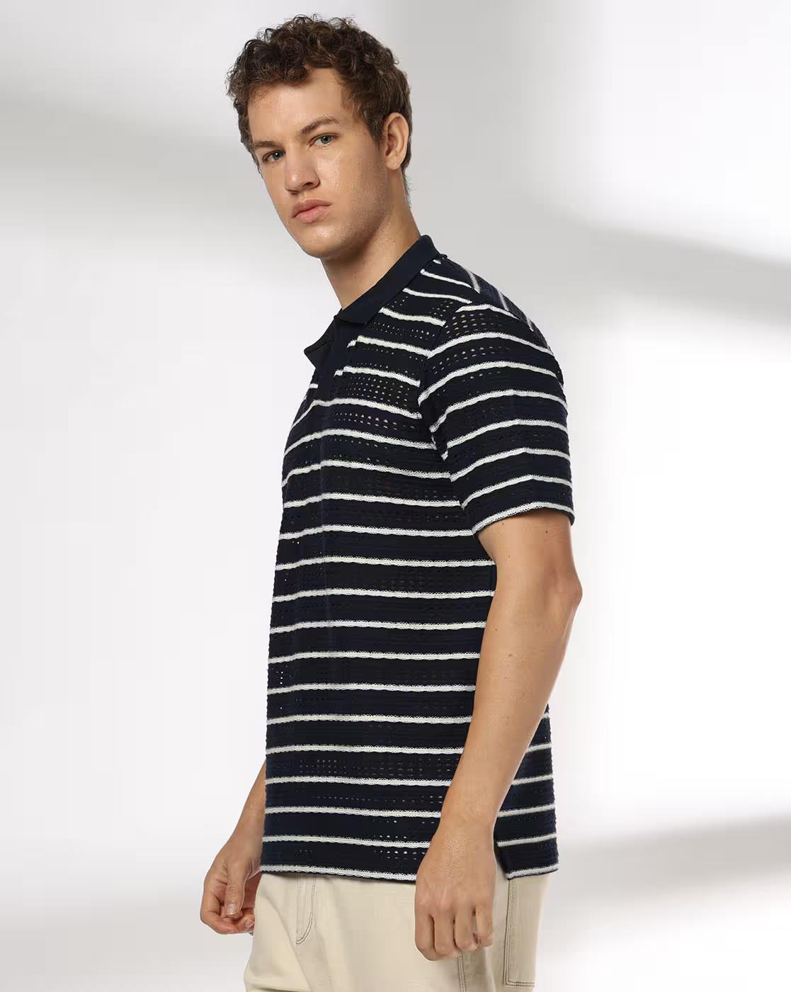 Men Open-Knit Striped Regular Fit Polo T-Shirt