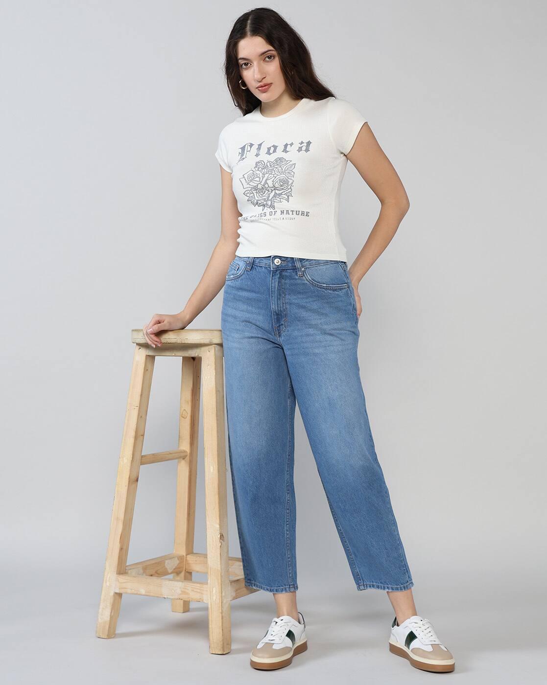 Women Mid-Wash High-Rise Barrel Fit Jeans