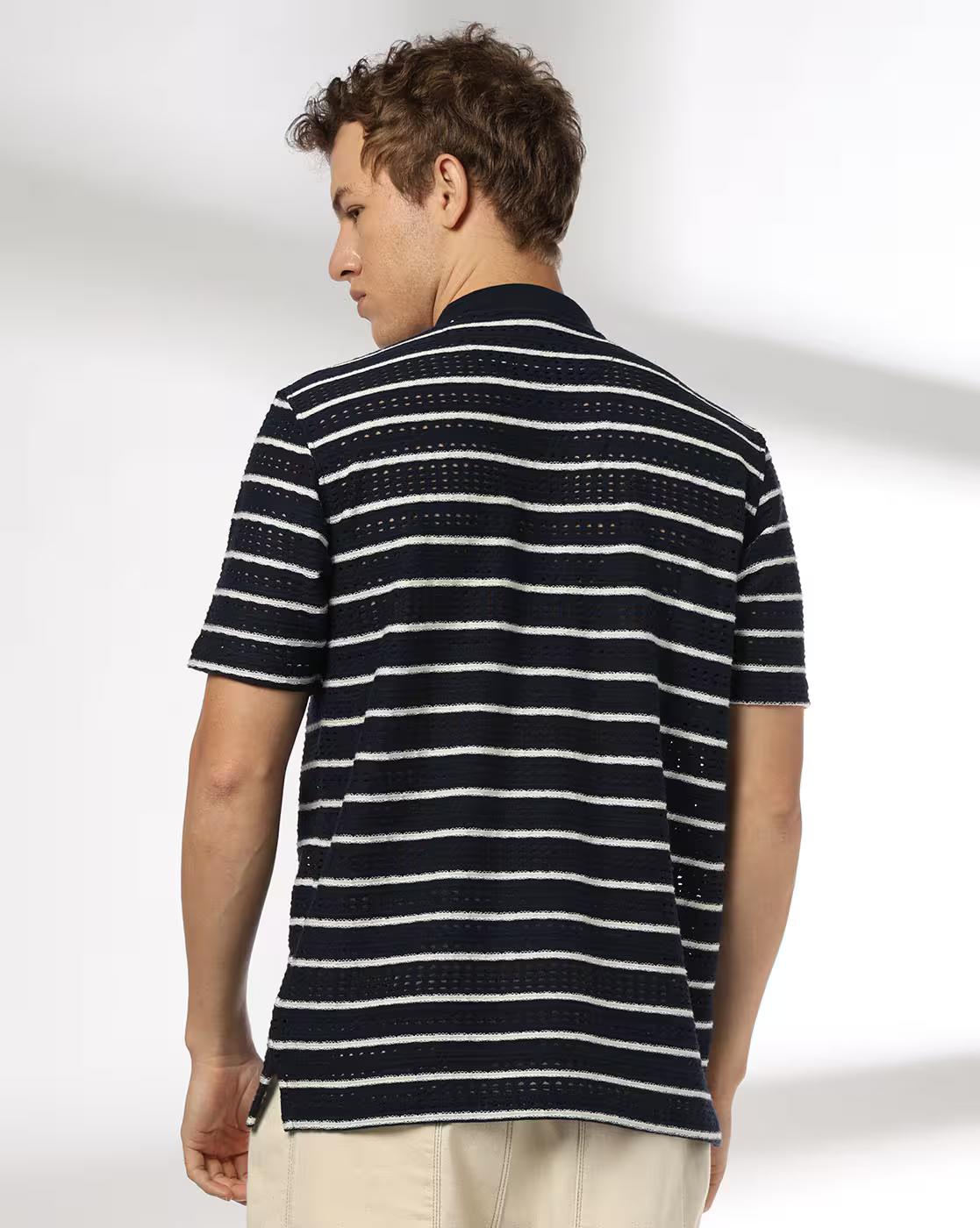 Men Open-Knit Striped Regular Fit Polo T-Shirt