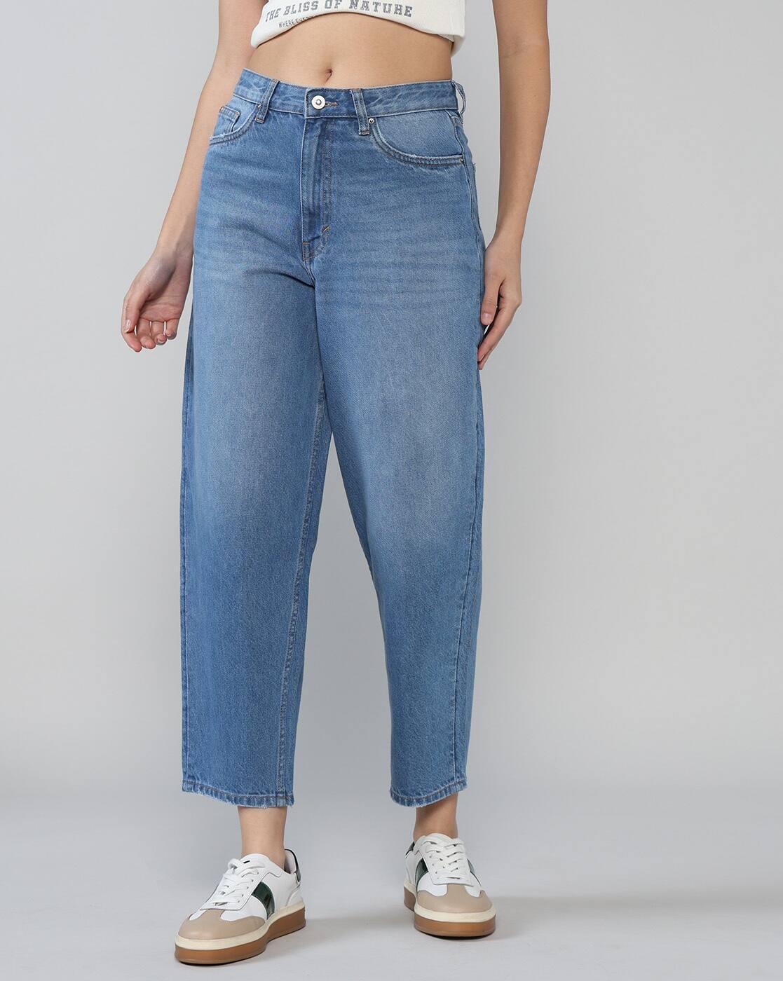 Women Mid-Wash High-Rise Barrel Fit Jeans