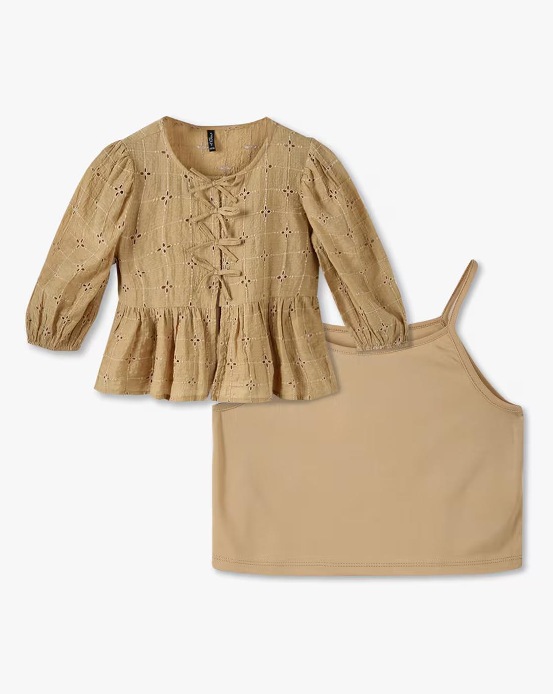 Girls Embroidered Regular Fit Schiffli Top with Bow Detail