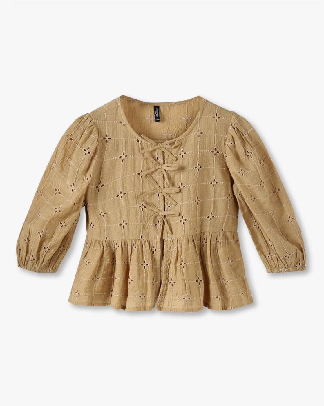 Girls Embroidered Regular Fit Schiffli Top with Bow Detail