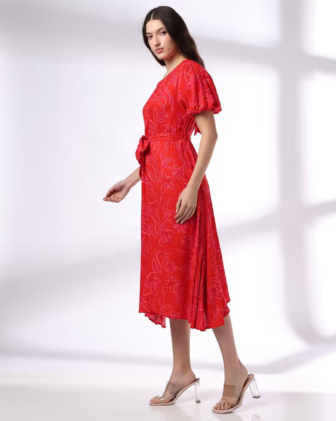 BALLOON SLEEVE BACK TIE DRESS, RED, L