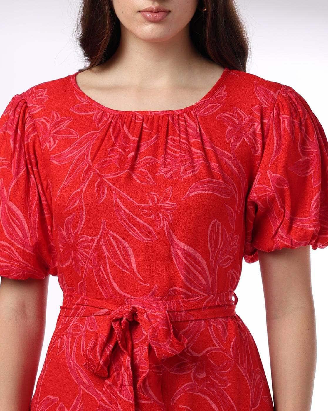 BALLOON SLEEVE BACK TIE DRESS, RED, L