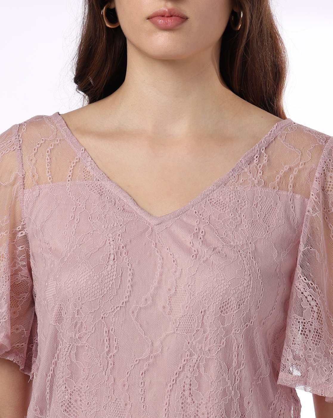 V NECK LACE TOP WITH SHEER YOKE, PINK, L