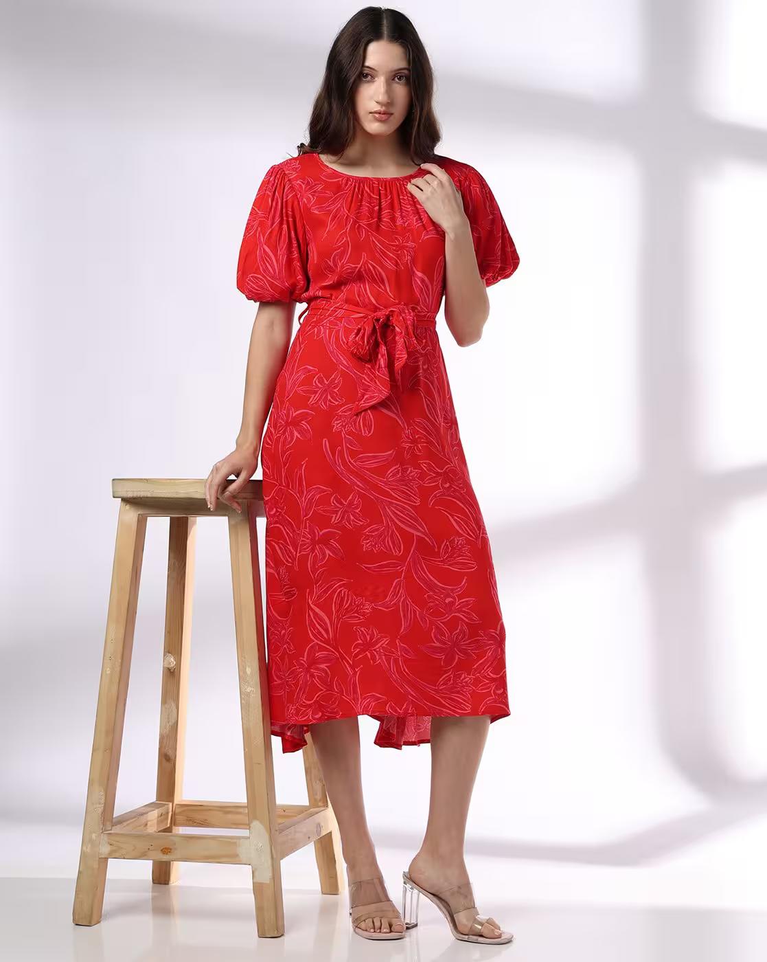 BALLOON SLEEVE BACK TIE DRESS, RED, L