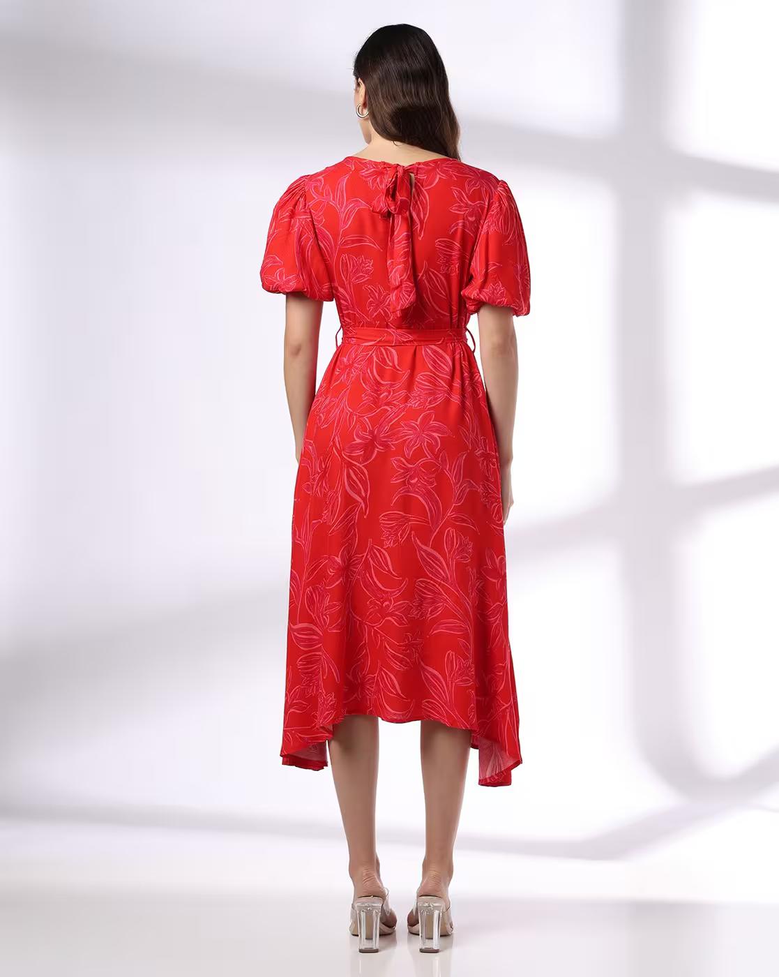 BALLOON SLEEVE BACK TIE DRESS, RED, L