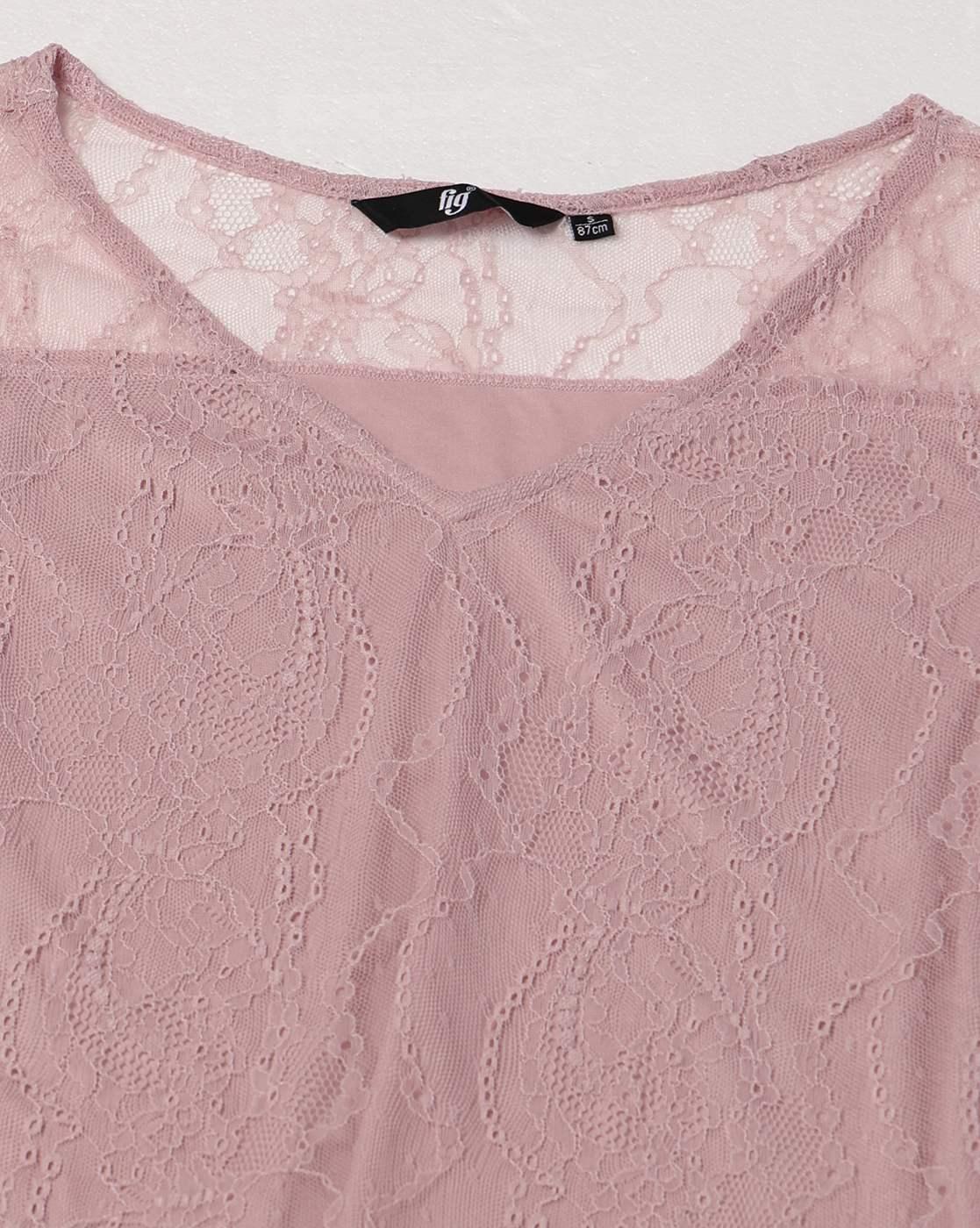 V NECK LACE TOP WITH SHEER YOKE, PINK, L
