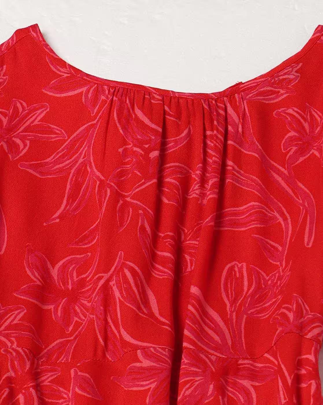 BALLOON SLEEVE BACK TIE DRESS, RED, L