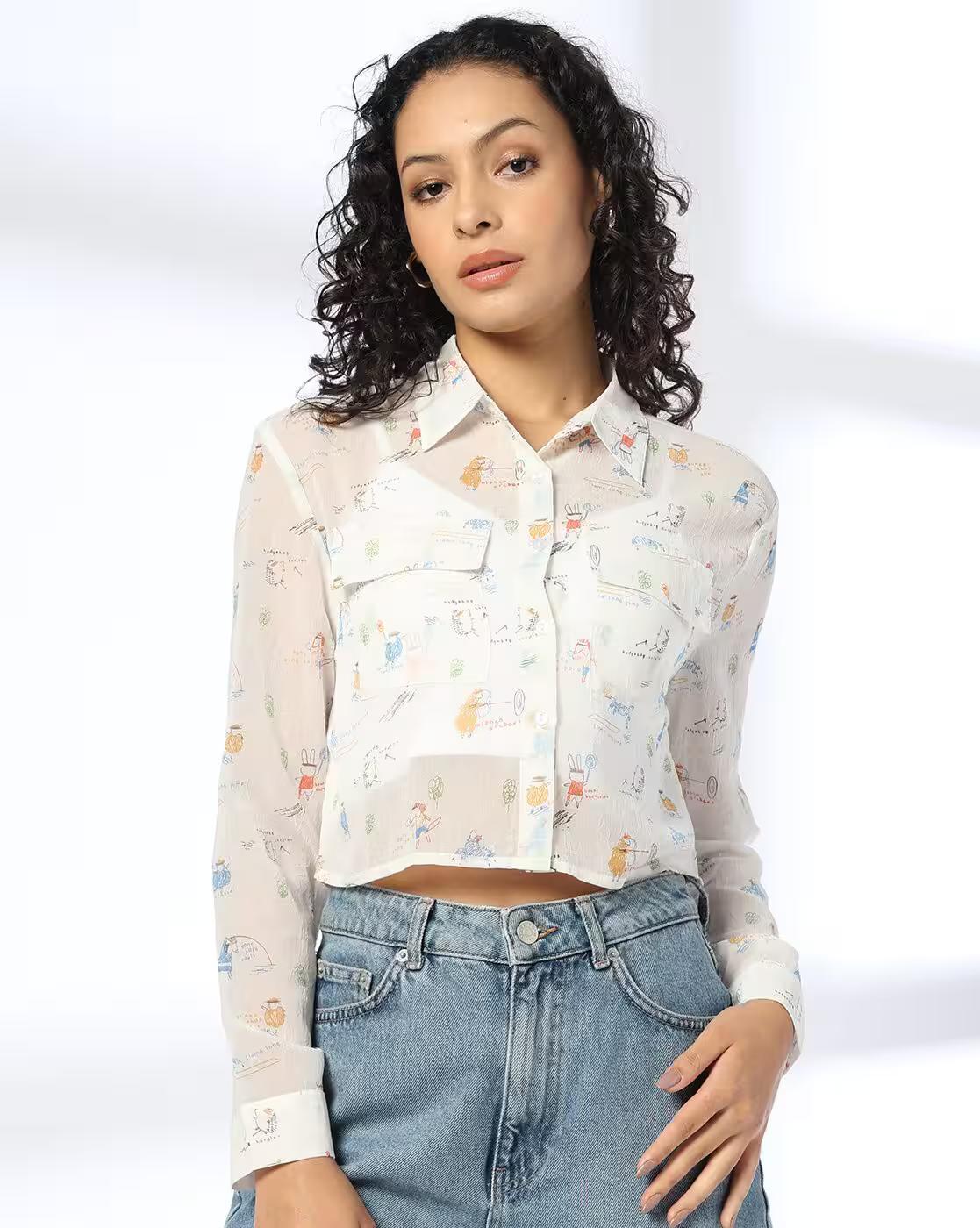 Women Micro Print Regular Fit Shirt with Flap Pockets