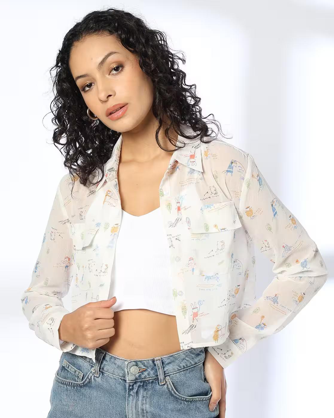 Women Micro Print Regular Fit Shirt with Flap Pockets